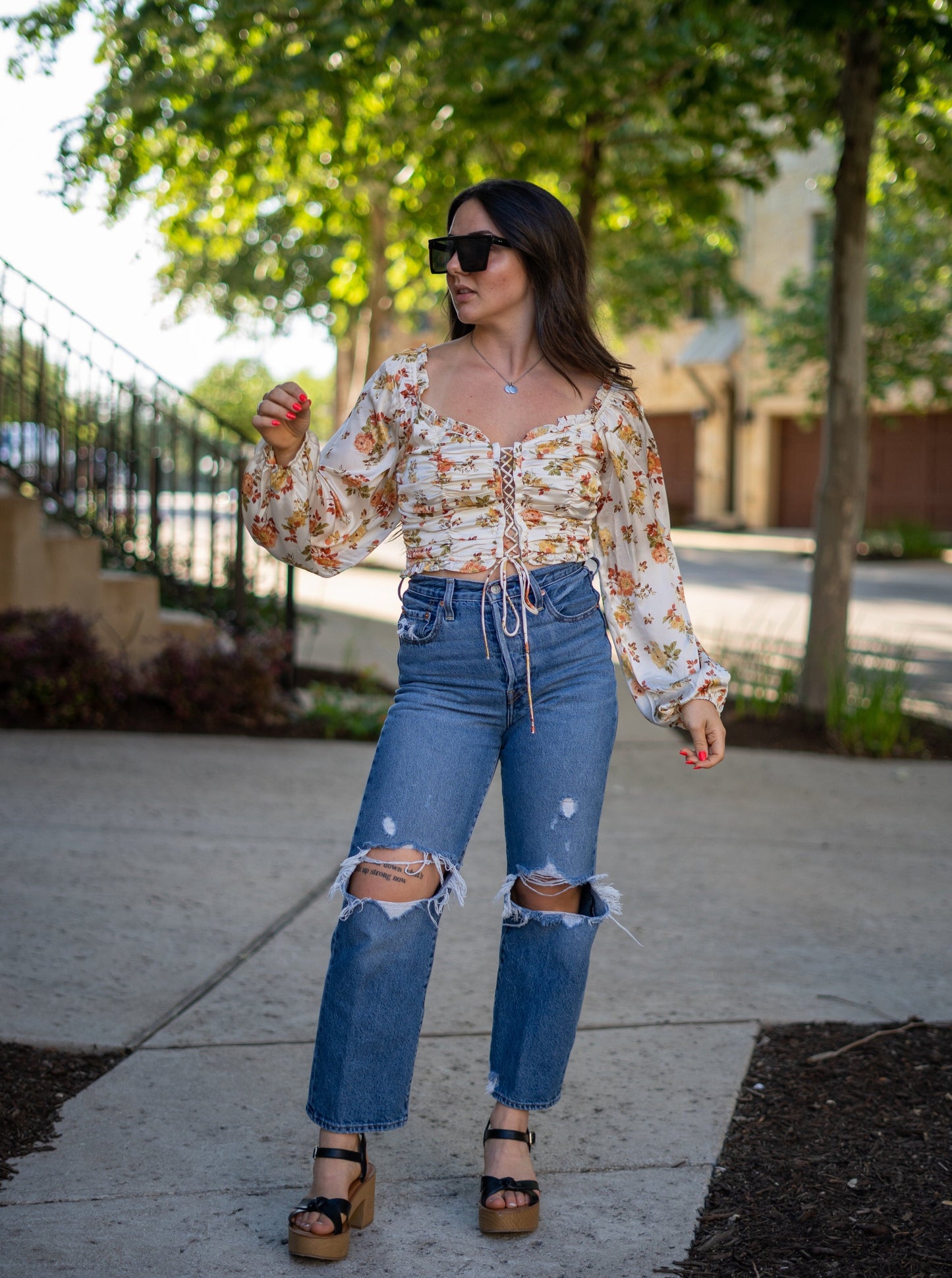 Kenzie Floral Ruched Lace-Up Blouse