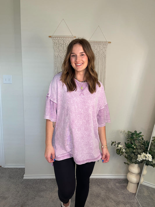 At Ease Acid Wash Oversized Tee - Lilac