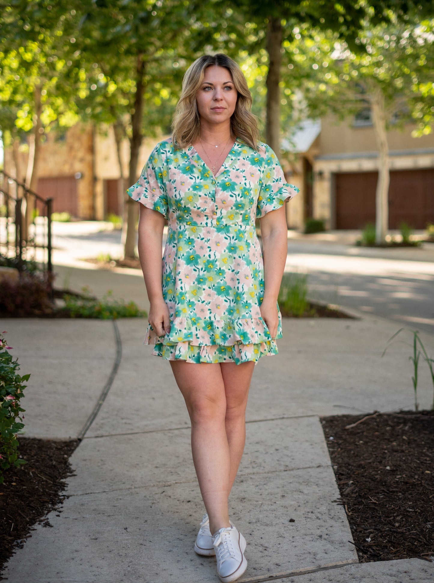 Spring Bloom Green Floral Ruffle Sleeves Mini Dress