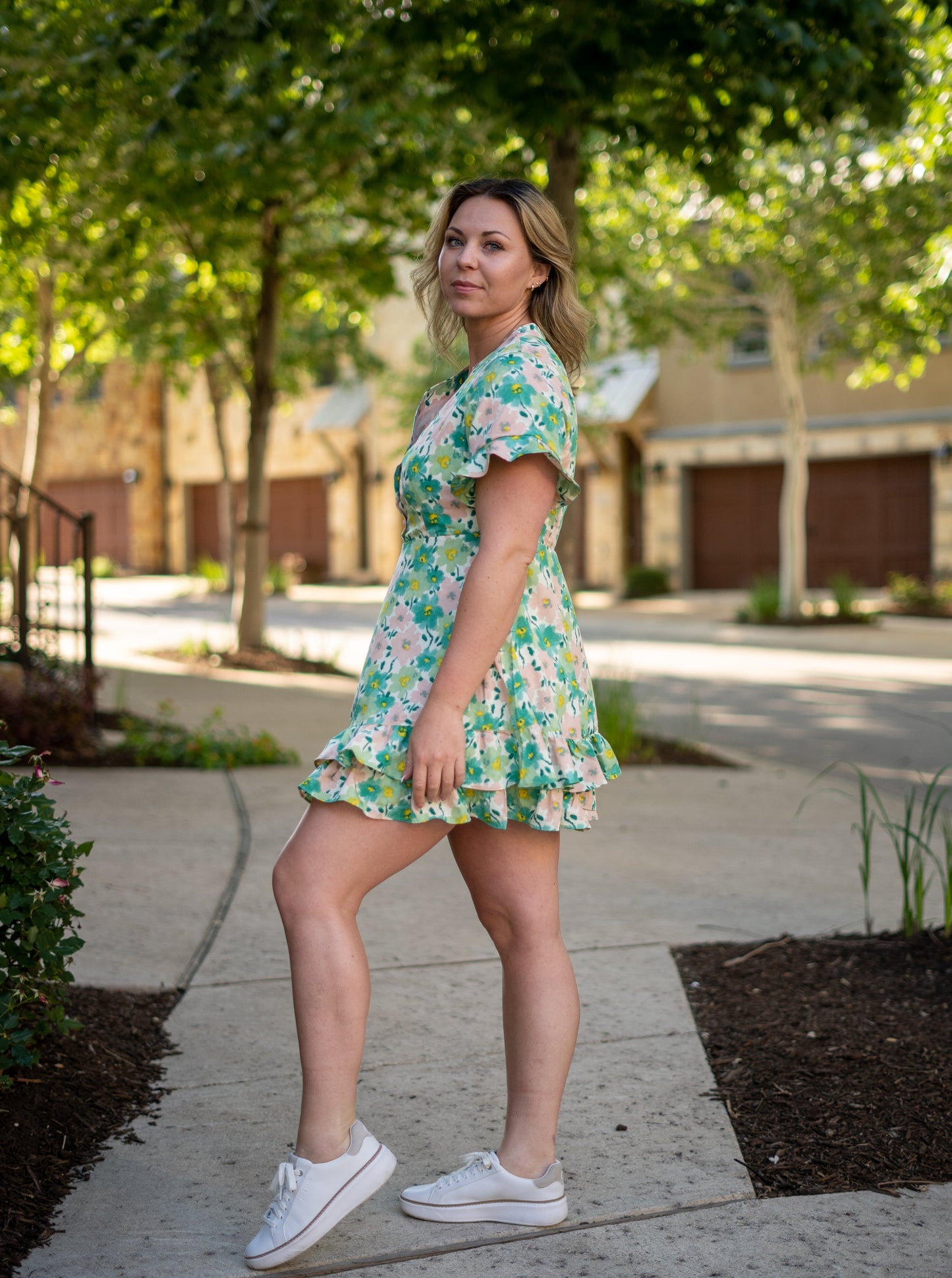 Spring Bloom Green Floral Ruffle Sleeves Mini Dress