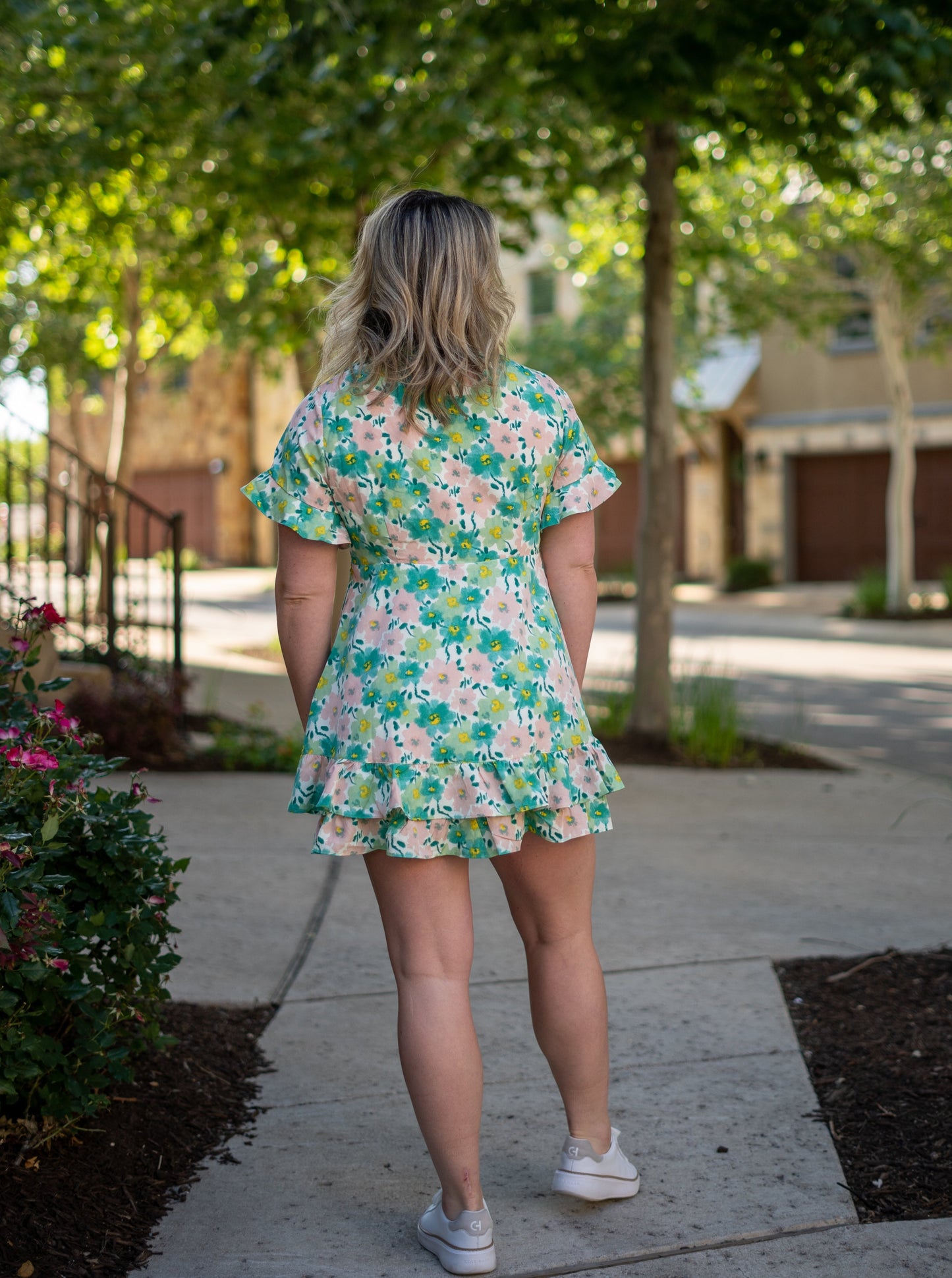 Spring Bloom Green Floral Ruffle Sleeves Mini Dress