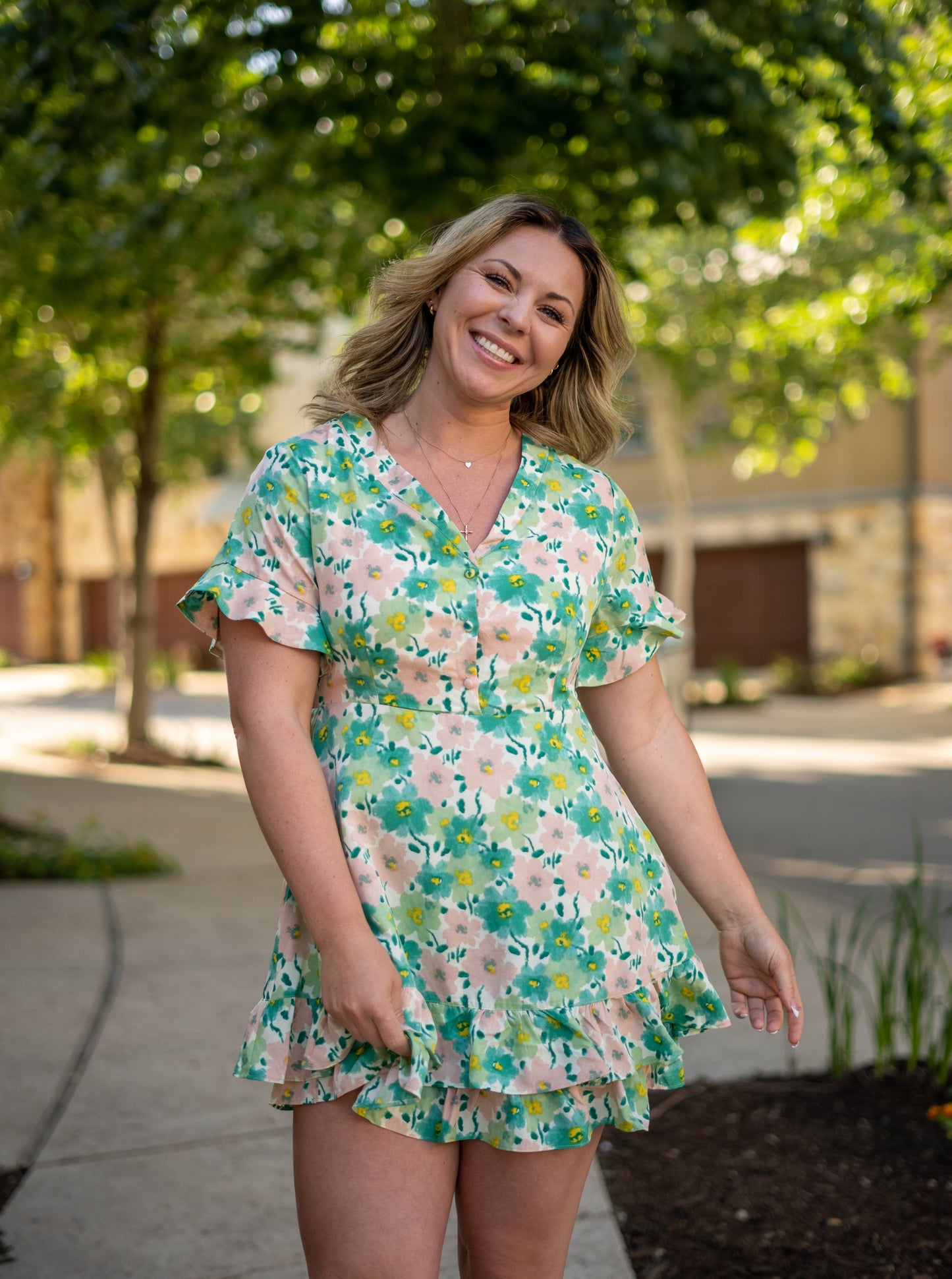 Spring Bloom Green Floral Ruffle Sleeves Mini Dress