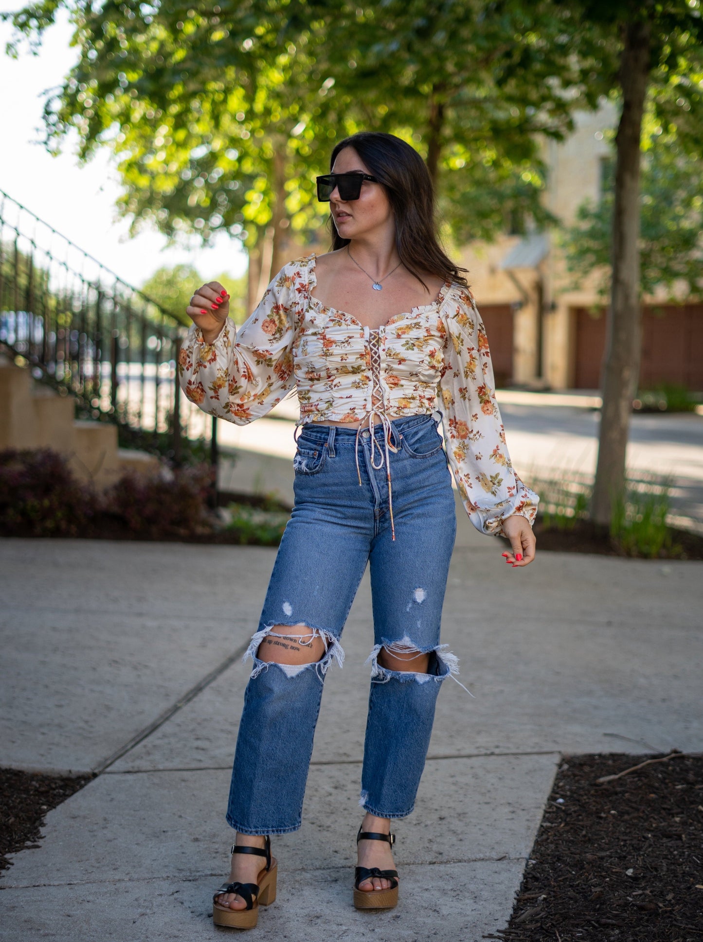 Kenzie Floral Ruched Lace-Up Blouse