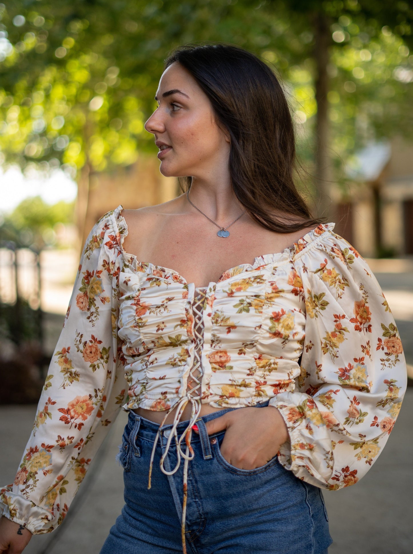 Kenzie Floral Ruched Lace-Up Blouse