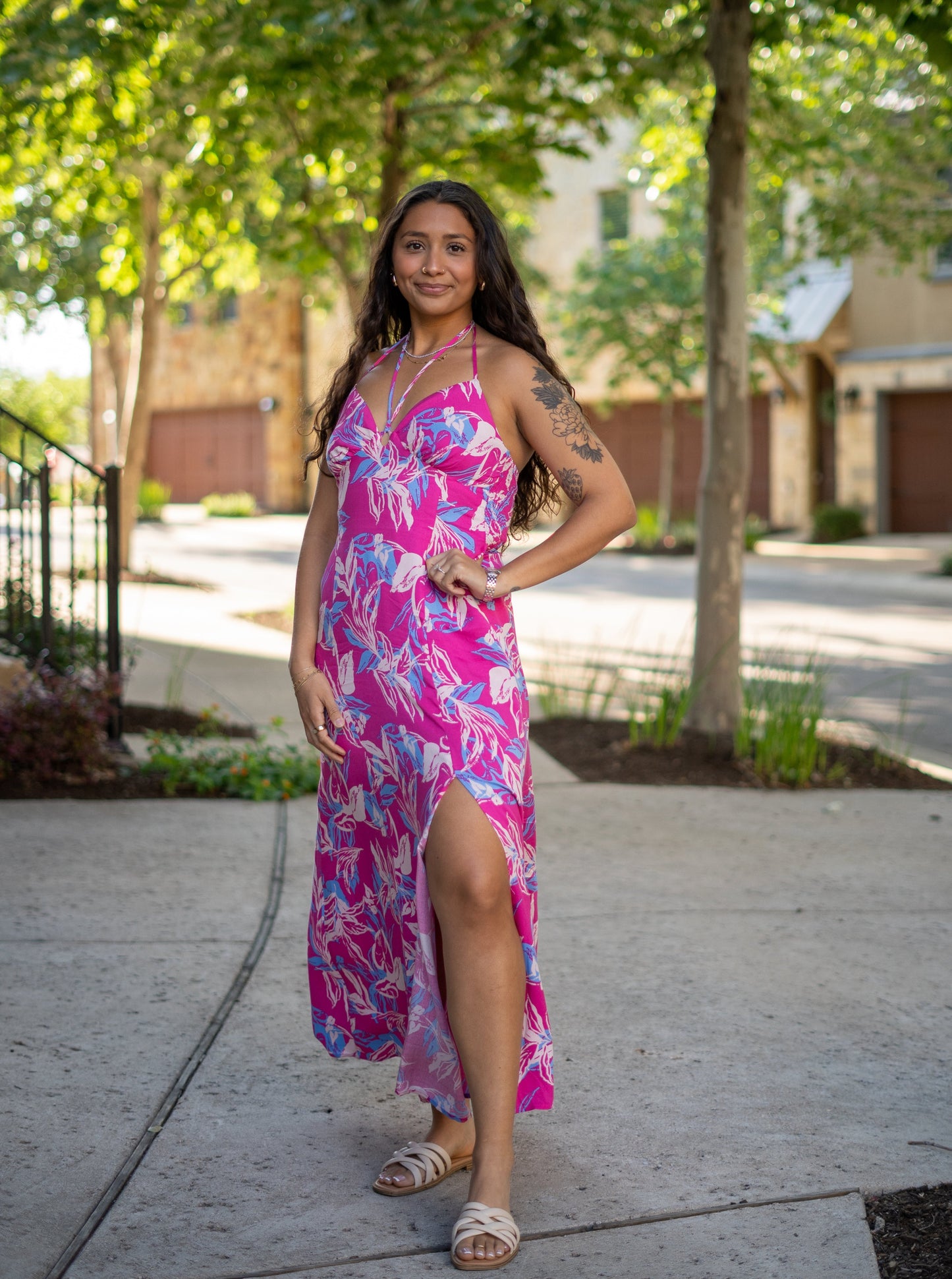 Hawaiian Nights Pink Floral Halter Neck Maxi Dress