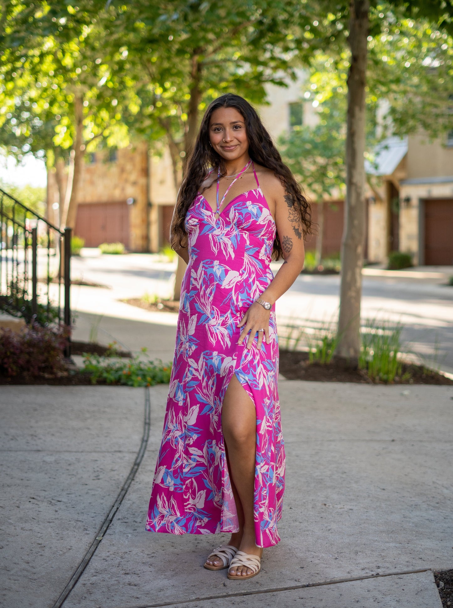 Hawaiian Nights Pink Floral Halter Neck Maxi Dress