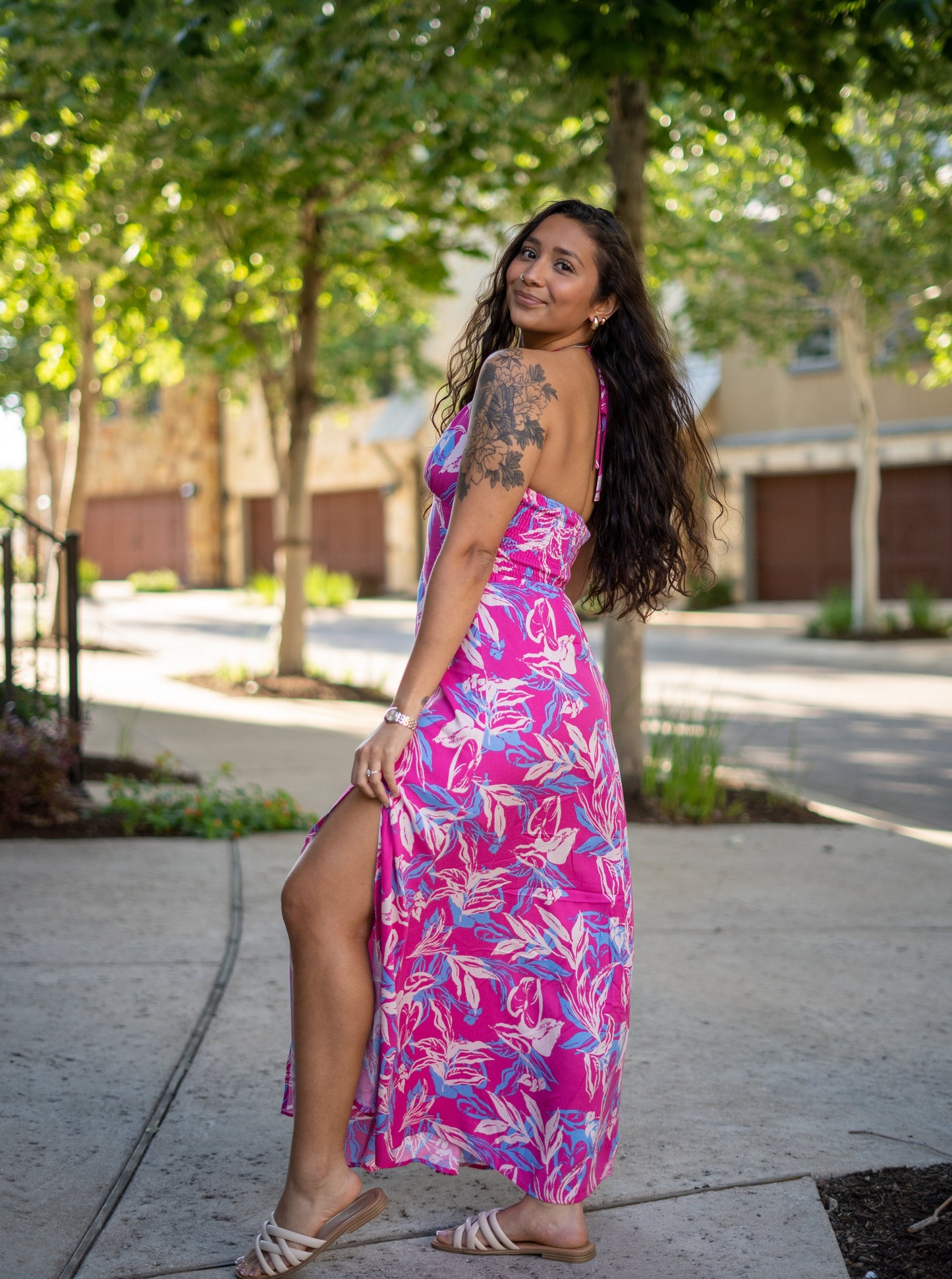 Hawaiian Nights Pink Floral Halter Neck Maxi Dress