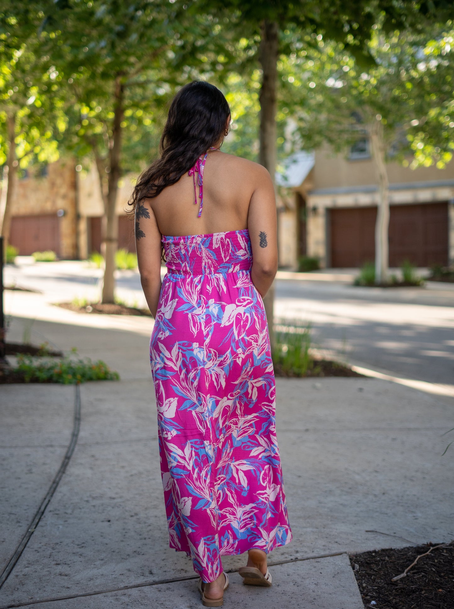 Hawaiian Nights Pink Floral Halter Neck Maxi Dress