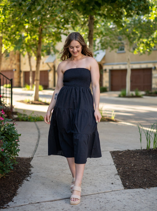 Effortless Desire Strapless Black Midi Dress