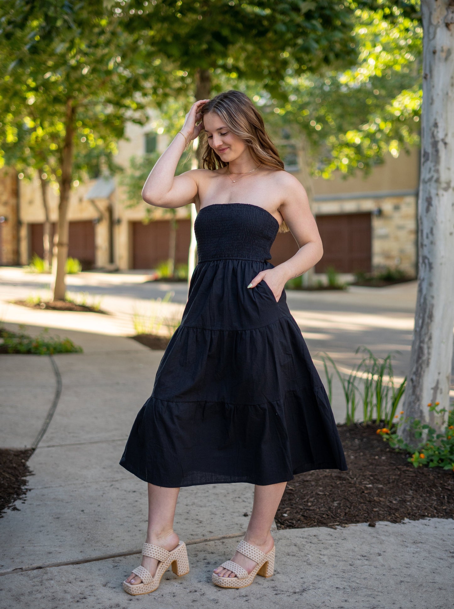 Effortless Desire Strapless Black Midi Dress