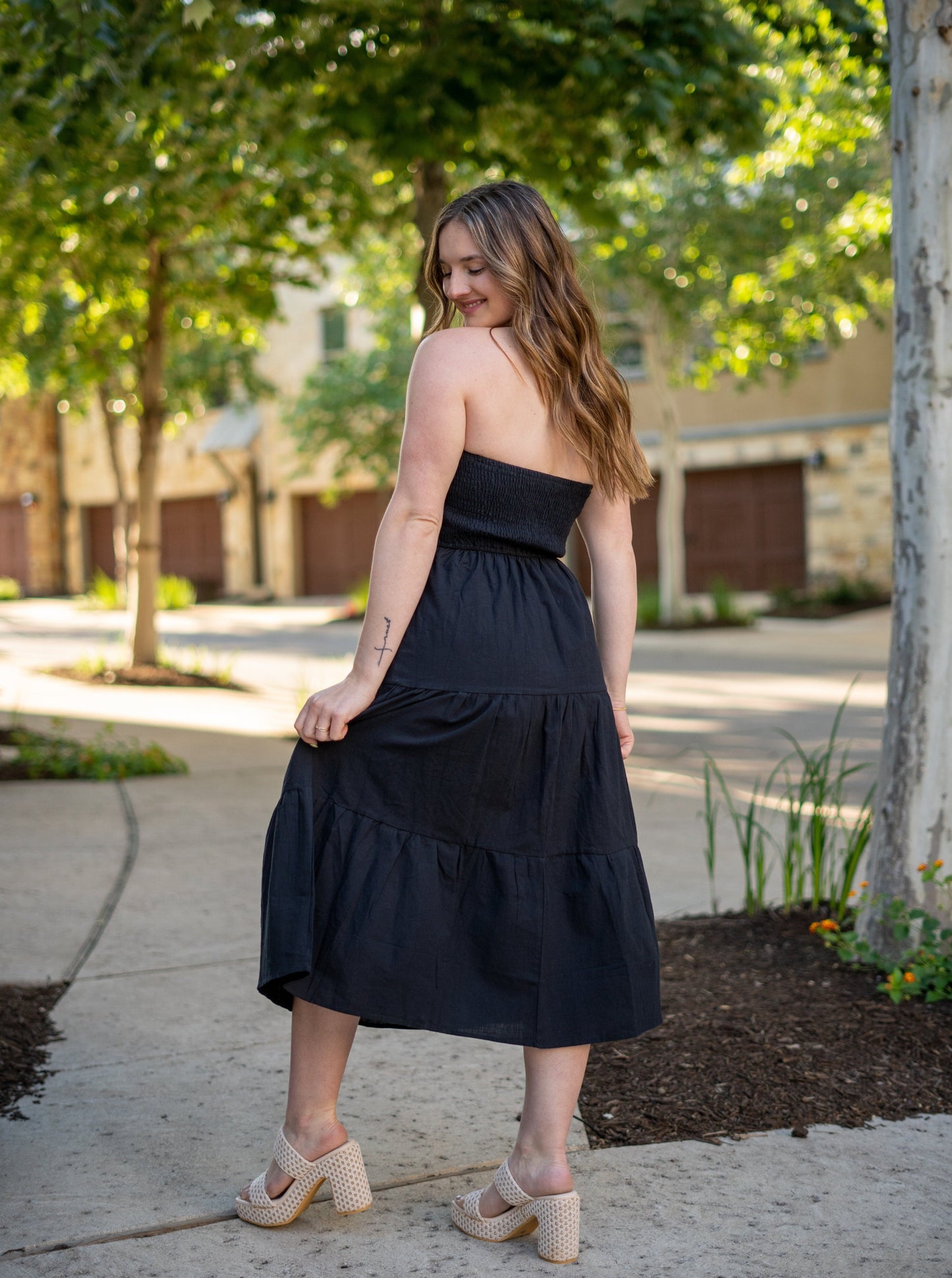 Effortless Desire Strapless Black Midi Dress