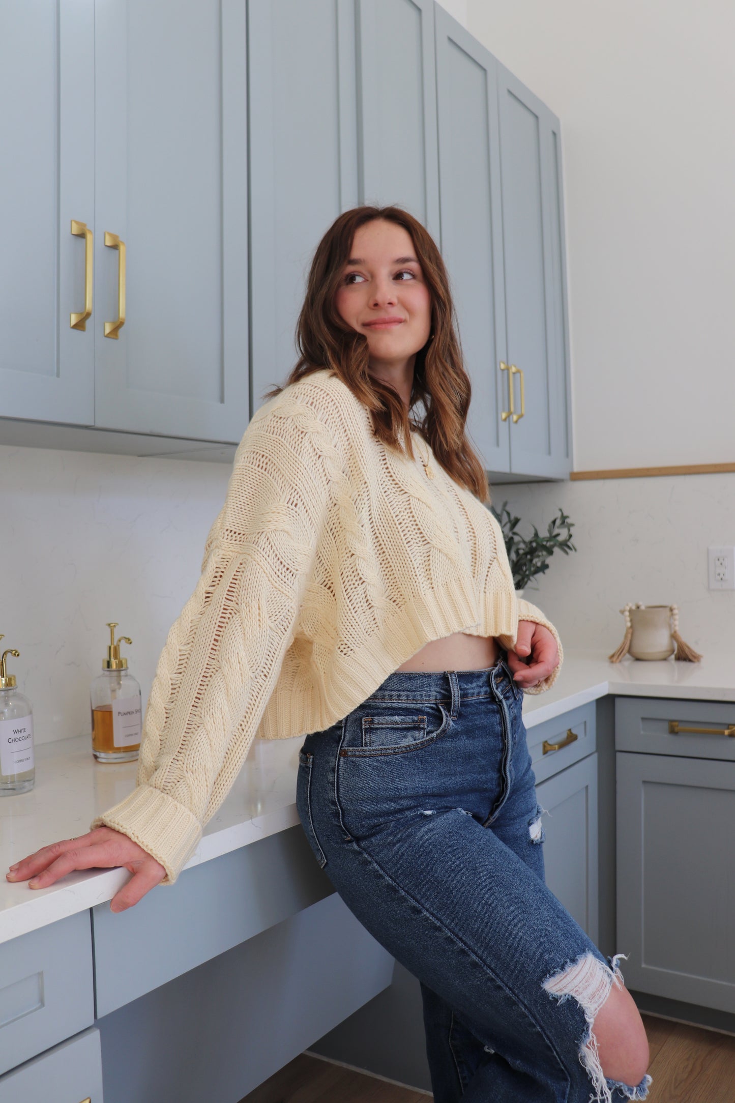 Sweet Cream Cropped Cable Knit Sweater